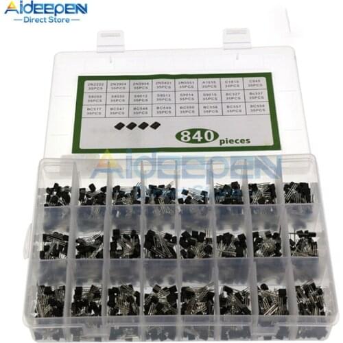 840Pcs/Set 24Values TO-92 Transistor Assortment Kit BC327 BC337 BC547 Transistor 2N2222 3904 3906 C945 PNP/NPN Transistors Pack
