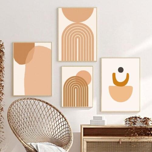 Abstract Geometric Mid Century Wall Art Pictures Rainbow Neutral Tone Painting Canvas Prints Boho Poster Living Room Decoration