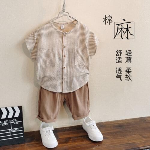 Childrens clothing boys cotton and linen suit summer clothes 2021 new childrens western style two-piece striped baby summer