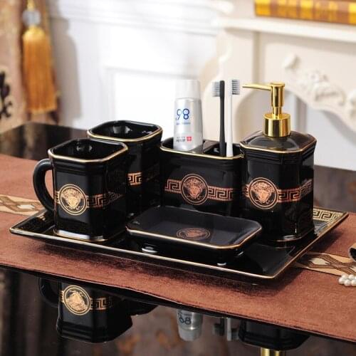 Bathroom Accessories Set Ceramic Toothbrush Holder Soap Dispenser Gargle Cup Soap Dish With Tray Wedding Gifts Bathroom Product