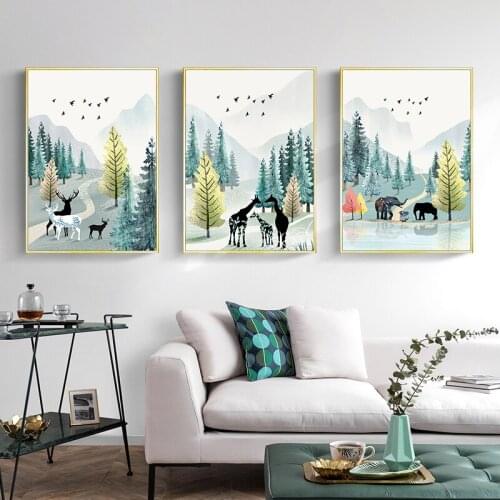 Canvas Poster Print Painting Nordic Decoration Animal Deer Family Forest Lanscape Picture for Living Room Home Office Decoration