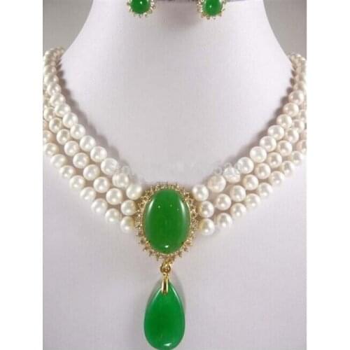 Lovely Fine Fashion jewelry choker 3 Strands WHite Freshwater Pearl & Green gem Necklace Earring set word SHIPPING