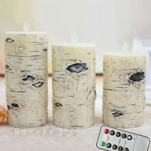 Set of 3 Remote controlled Battery operated Dancing Swinging wick LED Candle Paraffin Wax Birch bark Pillar candles Moving flame
