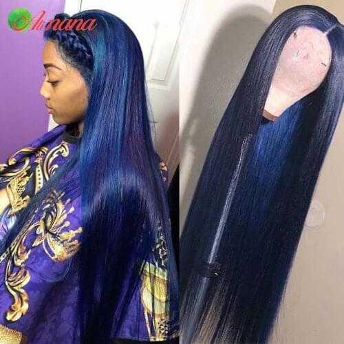 Alinana 13x6 Lace Frontal Wig Dark Blue Straight Pre-Plucked Bleach Knots Human Hair Glueless HD Lace Front Wigs 180% Density