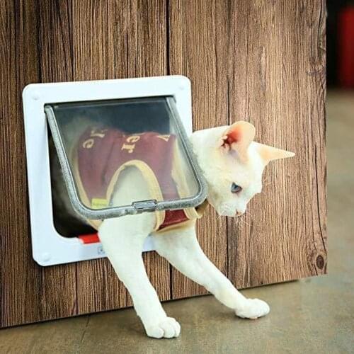 Dog Cat Flap Door With 4 Way Lock Security Flap Door For Cats Kitten ABS Plastic Small Dog Gate Cat Dogs Flap Pet Door Chip