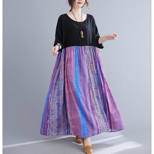 Print Striped Patchwork Loose Summer Dress 2021 New Arrival Short Sleeve Loose Summer Dress Plus Size Women Travel Casual Dress