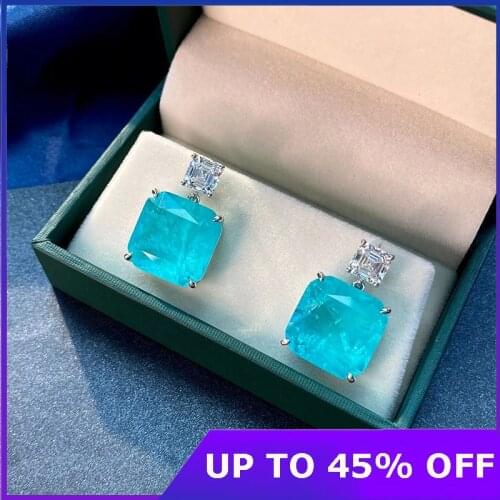 Real 100% 925 Sterling Silver Fashion Paraiba Tourmaline Gemstone Drop Earrings Sparkling High Carbon Diamond Fine Jewelry Gifts