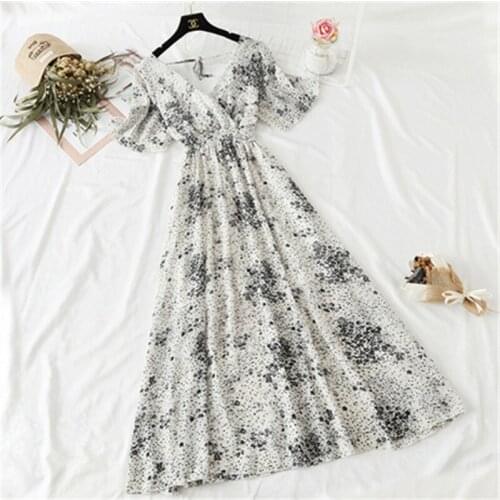 Big Size Summer Chiffon Long Dress Floral Sexy V-neck Ruffle Boho Dresses Elegant Women Party Short sleeve Dress Vestidos 94