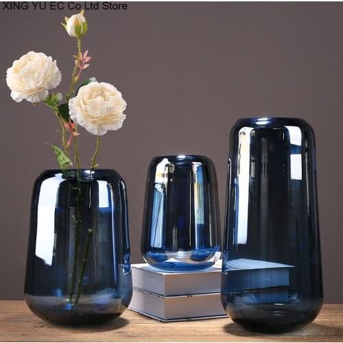 Nordic Transparent Blue Hydroponic Glass Vase Decoration Living Room Flower Arrangement Accessories Simple Countertop Vase