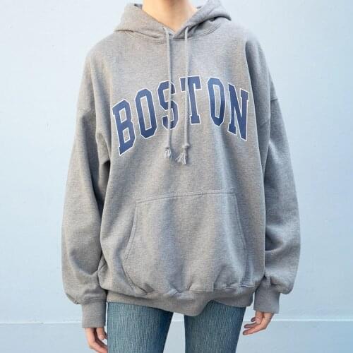 Letter Print Oversize Hoodie Women Autumn Casual Long Sleeve Gray Hooded Pullovers Top Vintage Streetwear Cotton Hoodies 2021