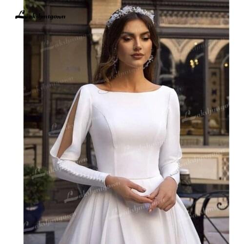 A-Line/Princess Soft Satin Wedding Dresses Simple Scoop Long Sleeves Buttons White Ivory Floor-Length Court Train Bride Gowns