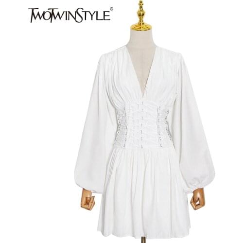 TWOTWINSTYLE White Summer Dresses For Women 2021 V Neck Long Sleeve High Waist Mini Dress Female Korean Fashion Clothing Style