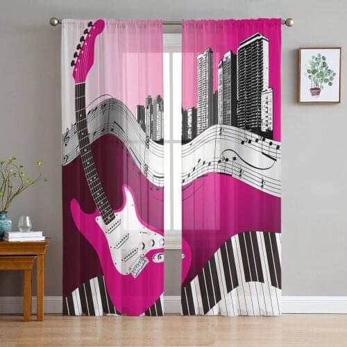 Electric Guitar Piano Notes Building Sheer Curtains for Living Room Kitchen Tulle for Windows Voile Yarn Curtains for Bedroom