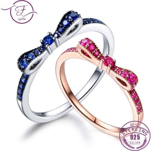 Rings For Women 100% Sterling Silver 925 Fine Jewelry Blue Spinel Sparkling Bow Knot Stackable Korean Style Cute For Girls