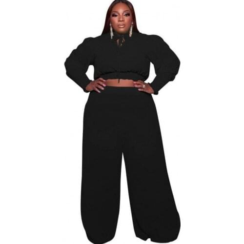 5XL Plus Size Tracksuit Women Set Crop Top And Wide Leg Pant Suits Autumn New Fashion Solid Casual Large Size Two Piece Set 2021