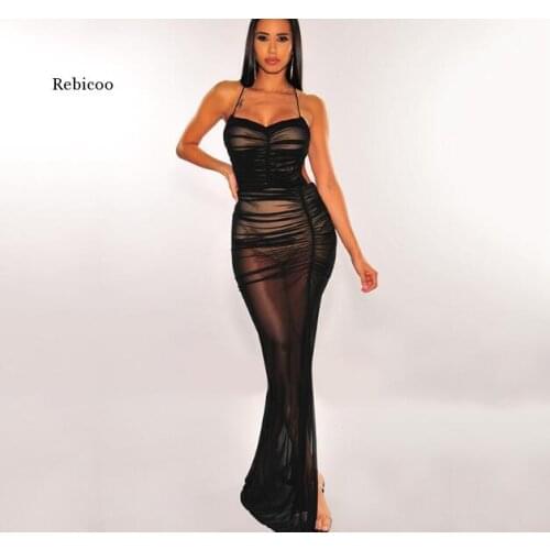 Female Sexy Perspective Mesh Backless Nightclub Party Dress New Fashion Women Halter Cross Bandage Long Dresses