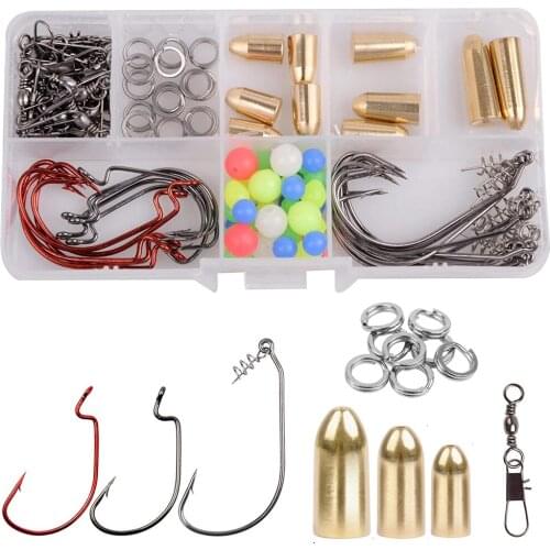 105Pcs/Box Fishing Accessories Kit With Offset Worm Hooks Copper Sinkers Rolling Fishing Swivels Beads Split Ring Fishing Tackle