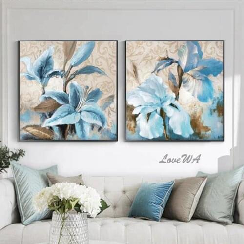 2Pcs/Set Abstract Blue Color Flower Wall Art Oil Painting Canvas 2 Pieces Artwork Panel Canvas Wall Art For Living Room Decor