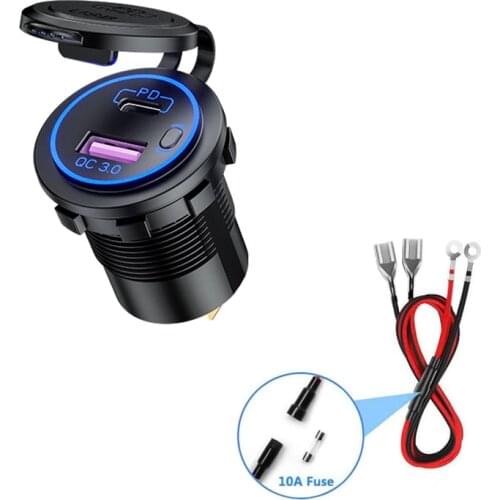 DIY 12V/24V PD Type C Car Charger ON/OFF Switch QC 3.0 Quick Charger Waterproof 36W Charger Power Delivery with Fuse 60cm Cable