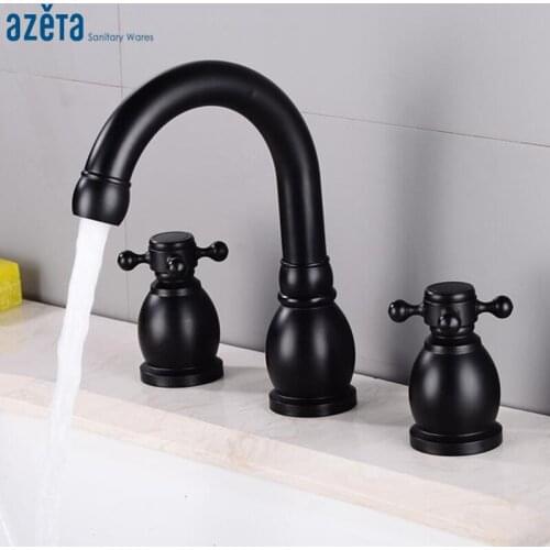 AZETA Deck Mounted Black Bathrooom Faucet 3 Hole Double Handles Washbasin Sink Mixer Tap Hot and Cold Water Basin Faucet AT5868B