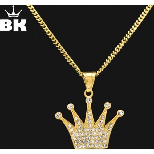 Hip Hop King Crown Pendant Necklace Stainless Steel Gold Color Iced Out Rhinestone Charm Necklace With 3mm 60cm Cuban Chain