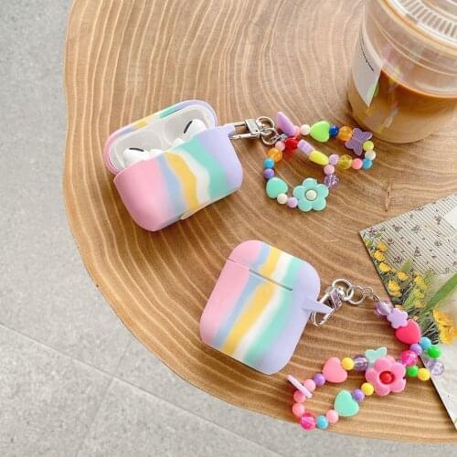 For Airpods Case for Airpods PRO fashion rainbow colorful flower Lanyard anti-lost Keychain Silicon Earphone Cover for AirPods 2