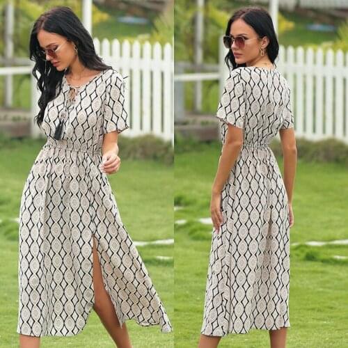 Black Check Print Thin Dresses Women Evening 2021 Loose Slit Hem O-neck Elastic Waist Office Lady Vintage Female Long Dresses