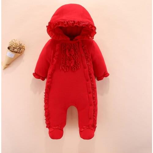 Baby Girl Clothes Winter Thickened Princess Rompers Newborn Cotton Climbing Jumpsuit 0-12m With Hooded Warm Christmas Pajamas