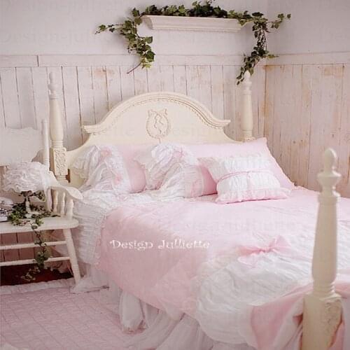 Korean bedding set custom pink duvet cover quilted white lace romantic lovely pillow cover princess bow bedspread HM-01FJ