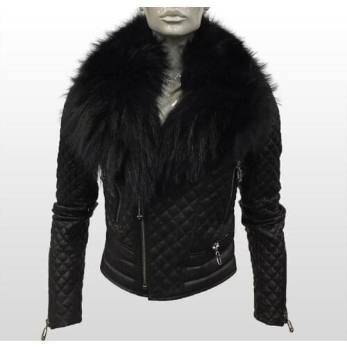 Women Famous Brand Genuine Leather Black Jacket Sheepskin Raccoon Colar Motorcycle Biker Slim Short Casual Coat Fashion Plein