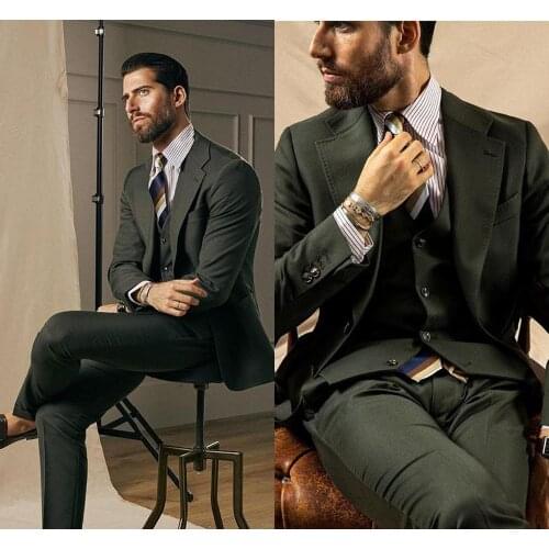 2021 High Quality Dark Green Mens Wedding Tuxedos Two Buttom Slim Fit Wear Business Party Prom Best Men Blazer Suit 3 pieces