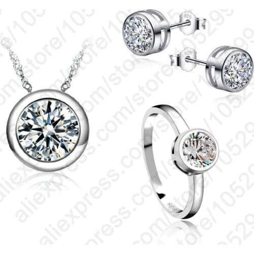 Classic Women Engagement 925 Sterling Silver Shinny CZ Wedding Necklace/Earring/Ring Jewelry Sets For Women