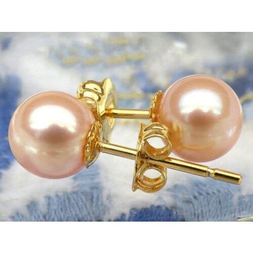 Genuine 6mm perfect round AAA+++ pink akoya pearl earring solid 14K/20 yellow gold