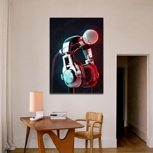 Neon Mic And Headphones Canvas Decoration Prints Poster Pictures Home Decor Living Room Bedroom Art Painting Abstract