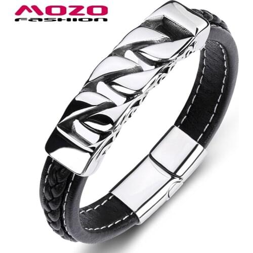 New Fashion Charm Men Bracelets Black Leather Hollow Stainless Steel Magnet Buckle Bangles High Quality Jewelry