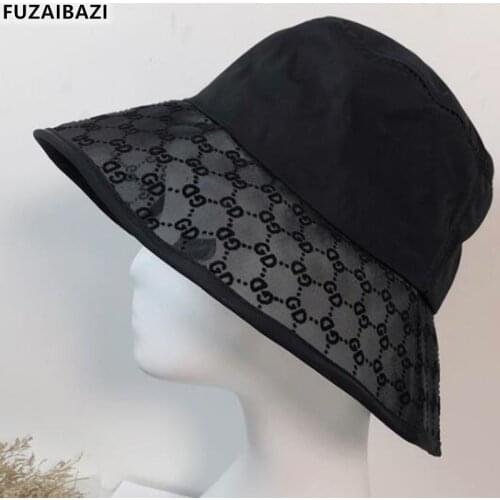 FUZAIBAZI Trend Letter Net Yarn Leisure Bucket Hat For Womens Summer Panama Tide Cap New Sun-Protection Breathable Sunhat Gorra