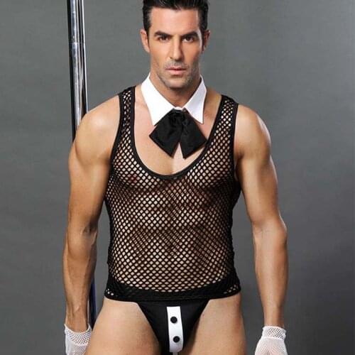 Sex Costumes Mens Mesh Vest Lingerie Breathable Underwear 3Pcs Set Sexy Transparent Sleepwear Male Pajamas Suit