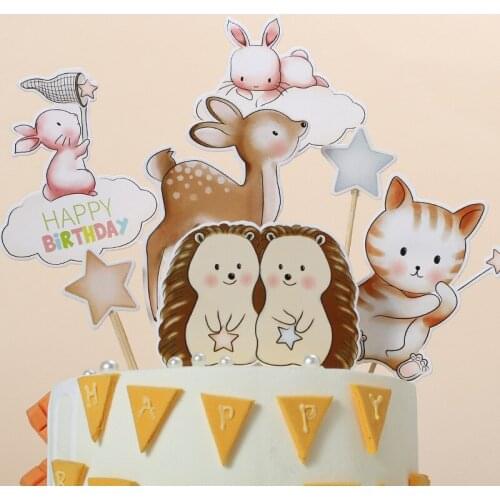 7pcs Animals Hedgehog Deer rabbit Cat Decoration Cake Toppers for Childrens Day Party Baby Happy Birthday Supplies Lovely Gifts