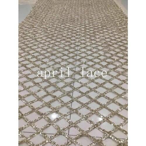 Stock 5 yards new bzh031 # champagne gold grid glued glitter mesh tulle lace fabric for sawing bridal wedding dress