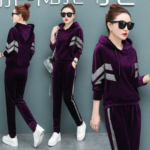 Women Sporting Suit Velour Loose Hooded Hoodie Sweatshirt+pant jogger training outfit workout casual set Sportswear Tracksuit