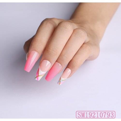 24Pcs Gradient Pink Bullion Designs Short False Nail Classic French Artificial Fake Nails DIY Full Cover Tips Manicure Tool