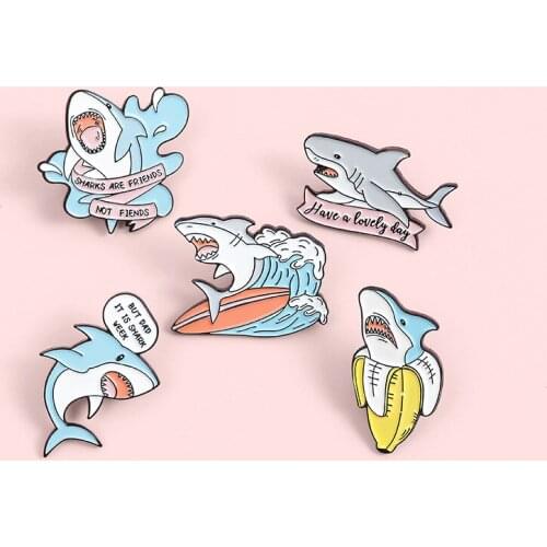 Shark Are Friends Enamel Pin Custom Shark Week Banana Surfing Brooches Bag Lapel Pin Fun Animal Badge Cute Jewelry Gift for Kids