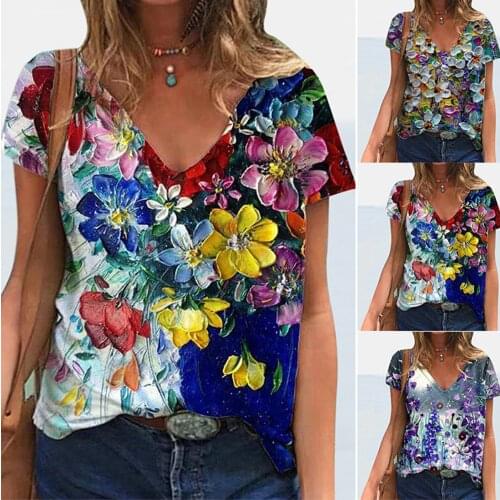 Flower Print Oversized Tshirt Top Female V-Neck Aesthetic Shirt Tees Women Summer 2021 Casual Vintage Short Sleeve Clothes