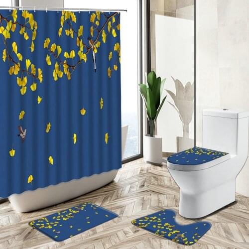Chinese Shower Curtains Leafs Branch Flower Bird Design Bathroom Modern Elegant Art Non-Slip Carpet Toilet Cover Floor Mat Sets