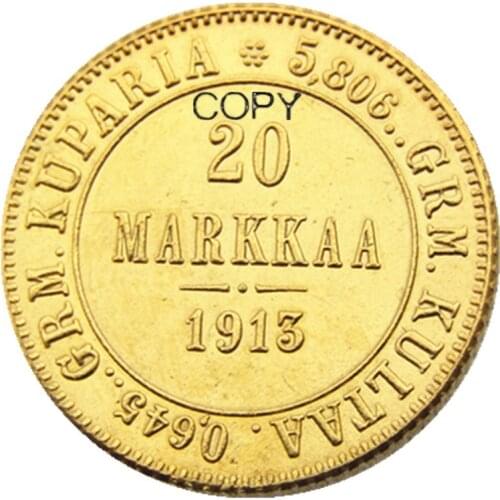 1913 S FINLAND IMPERIAL RUSSIA 20 MARKKAA Gold Plated Copy coins