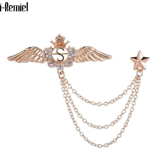 Fashion Wings Tassel Crown Brooch Crystal Angel Mens Suit Shirt Brooches Broche Lapel Pin Women Men Gifts Accessories