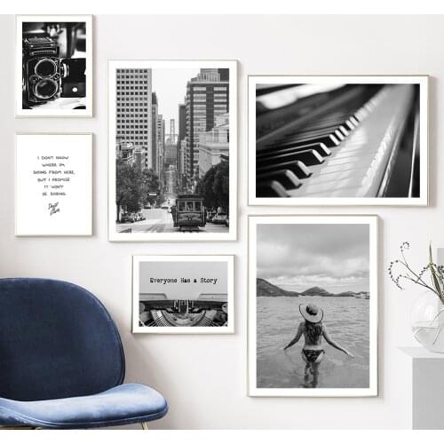 Black White Paris Street Piano Sea Girl Wall Art Canvas Painting Nordic Posters And Prints Wall Pictures For Living Room Decor