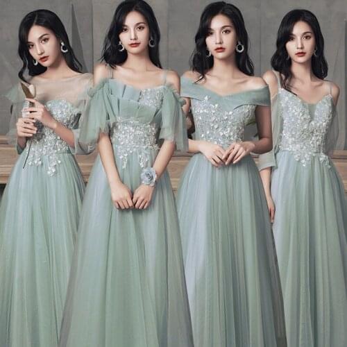 Bridesmaids Dresses Illusion A-Line V-Neck Floor-Length Sequined Embroidery Tulle Off The Shoulder Women Wedding Party Gown E432