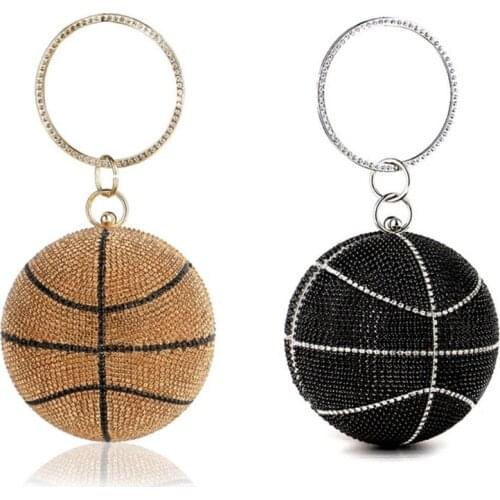 Rhinestone Basketball Evening Bag Round Wedding Wristlets Handbag Glitter Clutch Purse with Detachable Chain D0LF