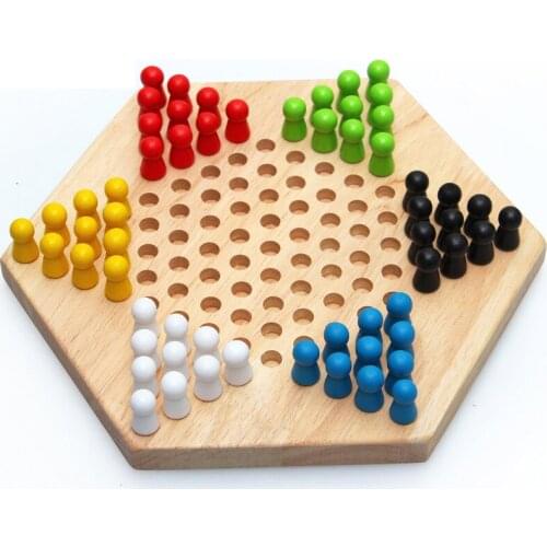 Traditional Hexagon Wooden Chinese Checkers Family Game Set with 60 Pegs in 6 Colors